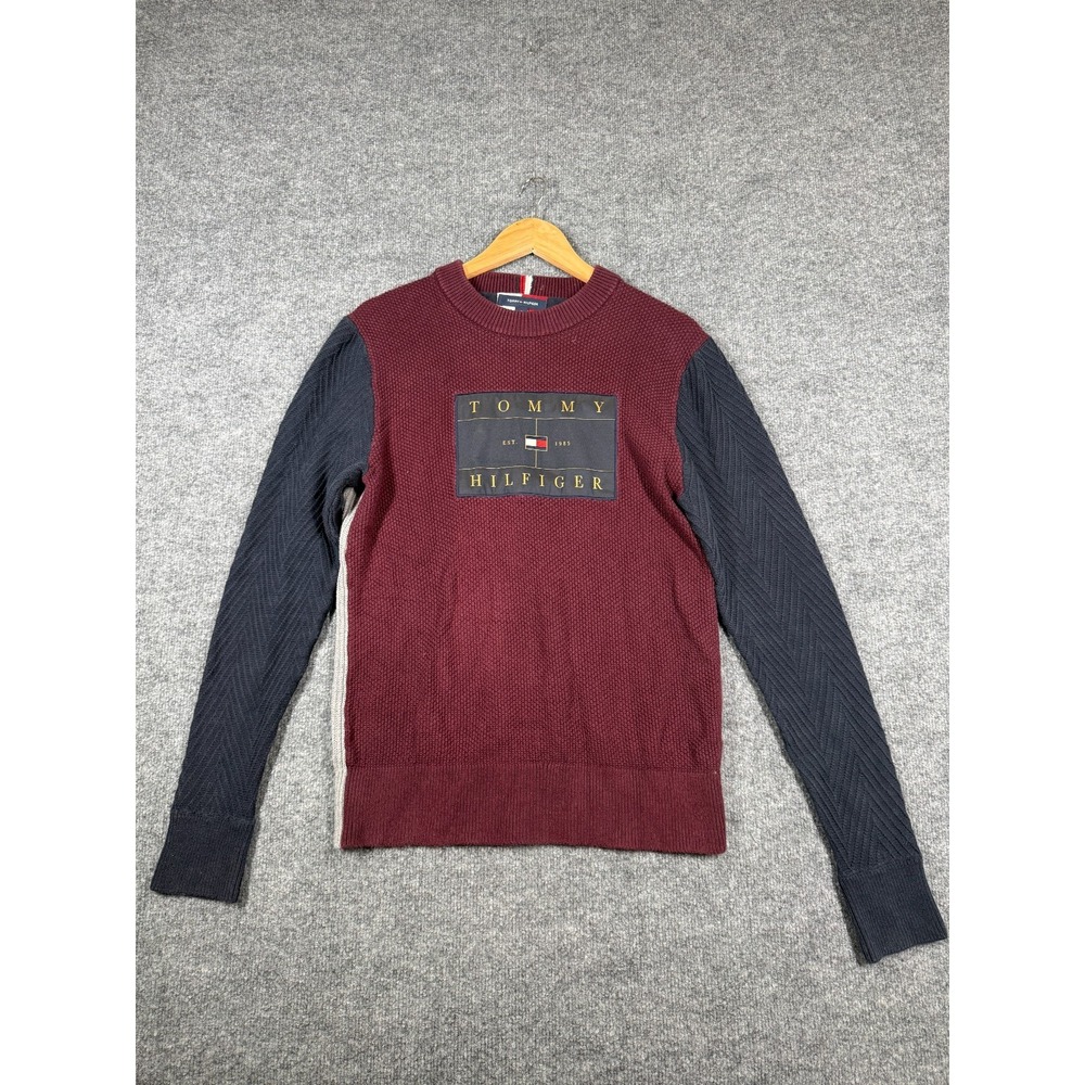 Tommy Hilfiger Sweater Mens Medium Dark Red Icon Colorblock Flag Knit Crew Neck